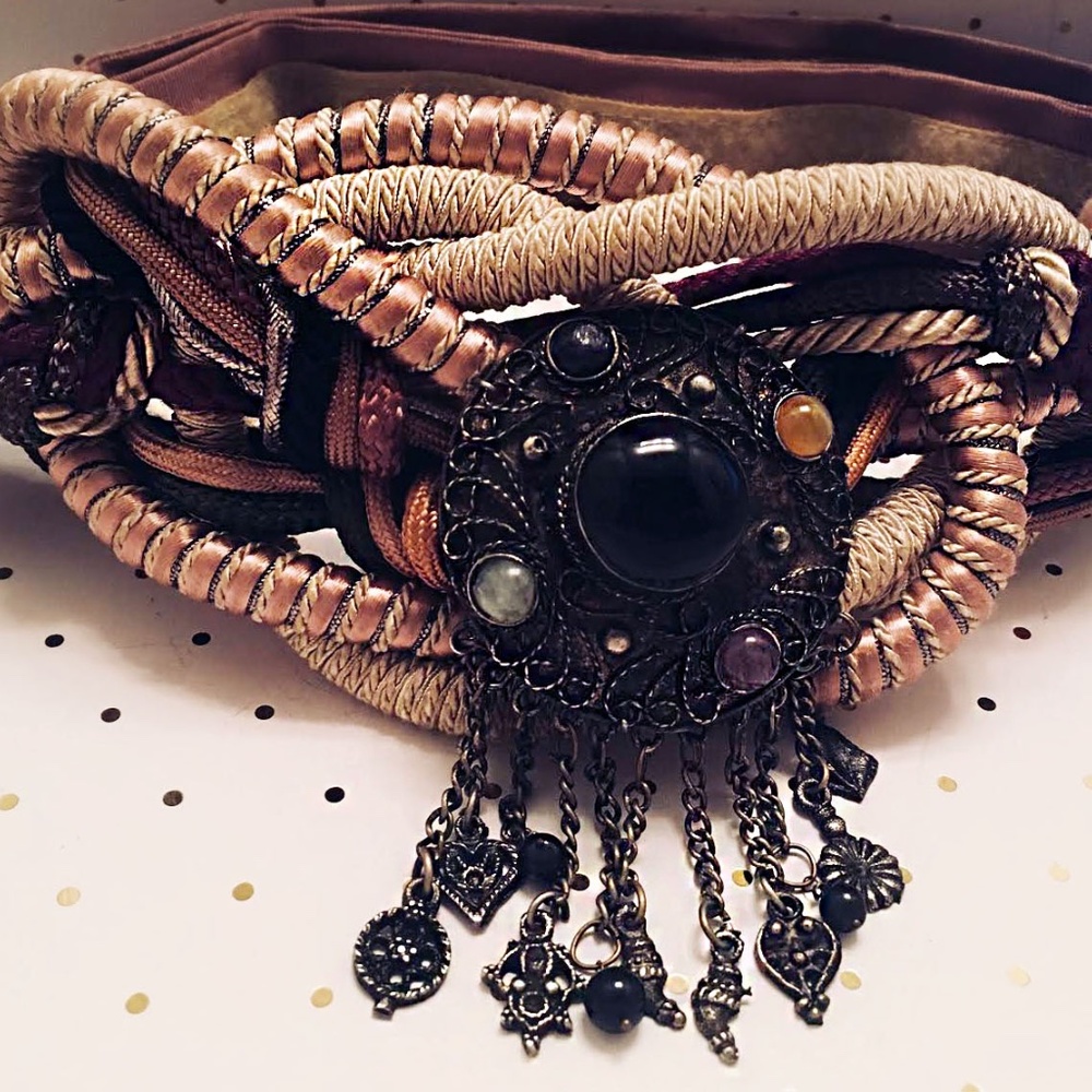 1970's Ethnic belt with Charms Amber, Quartz, and Amethyst details